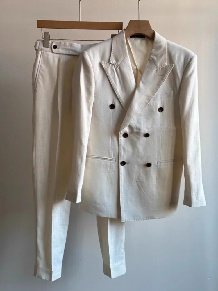 Spring Summer Thin Men Double Breasted Linen Blazers Suits Breathable Fashion Two-Piece Set Casual Full Length Pants Outfits