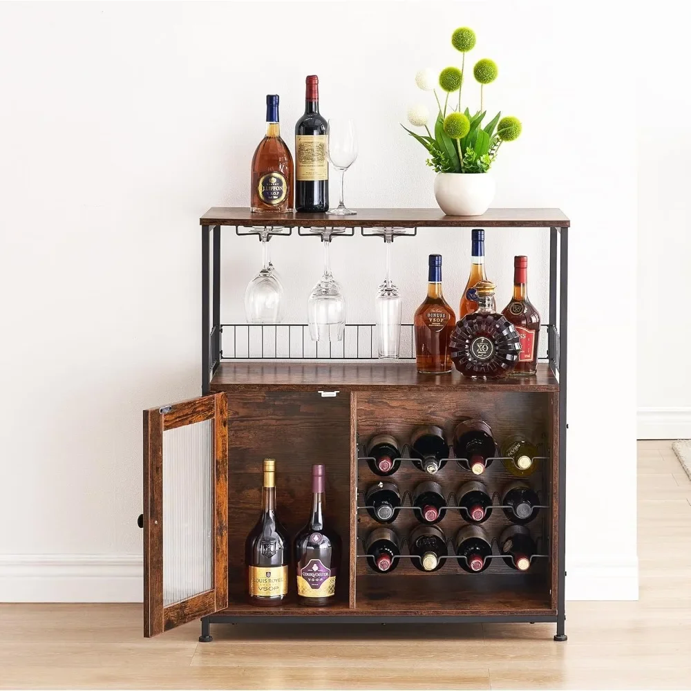 Wine Bar Cabinet with Led Lights & Removable Wine Racks with 3 Rows Glass Holder and Acrylic Door, Multifunctional Bar Cabinet