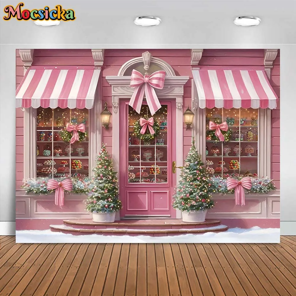 Mocsicka Photography Background Pink Dessert Shop Christmas Winter  Snow Xmas Tree Girl Princess Portrait Photo Backdrops Studio