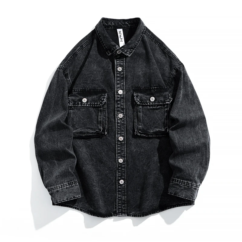 Retro Distressed Long Sleeve Denim Shirt jacket for Men Vintage Casual Outerwear Oversized Workwear Shirts with Patch Pockets