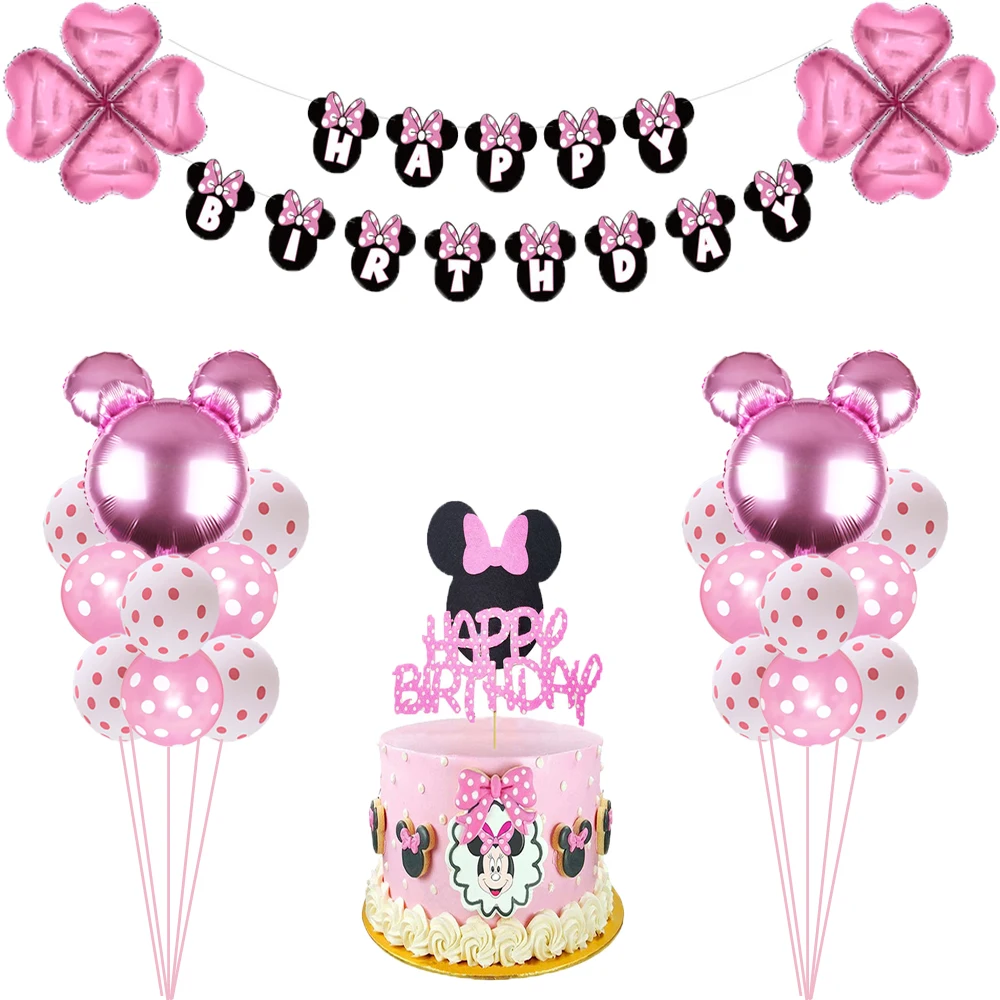 

New Minnie themed children's birthday party decoration children's baby shower supplies girls love balloons birthday banner suit