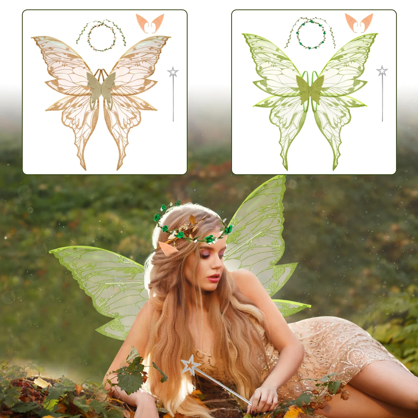 4-teiliges Set Schmetterlingsflügel-Umhang für Kinder, Mädchen-Feen-Schleier, Pixie-Umhang, Fantasievolles Grünes Kleid, Kostüm-Geschenke, Party-Halloween-DIY-Dekorationen