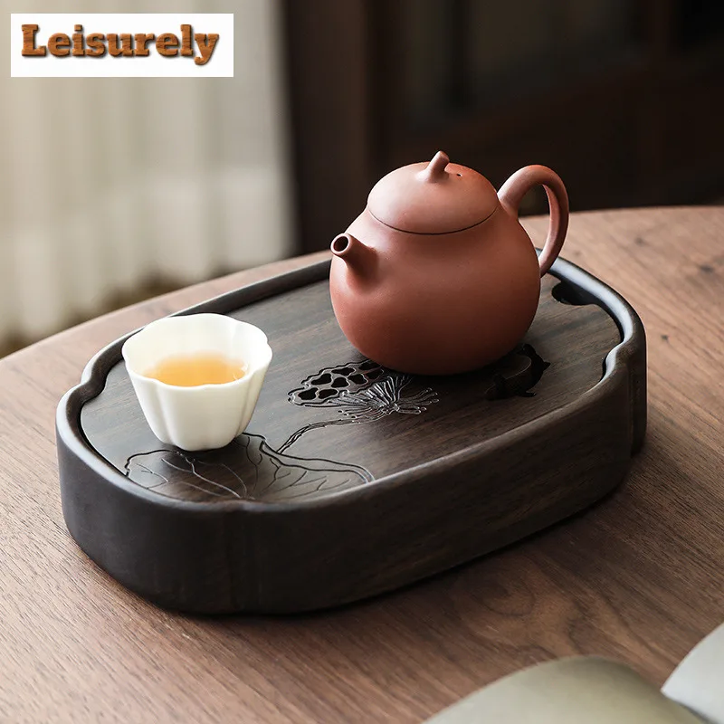 Fish Play Lotus Pond Tea Tray Walnut Wood Water Storage Drainage Dry Soaking Platform Solid Wood Pot Bearing Holder Tea Table - Image 2
