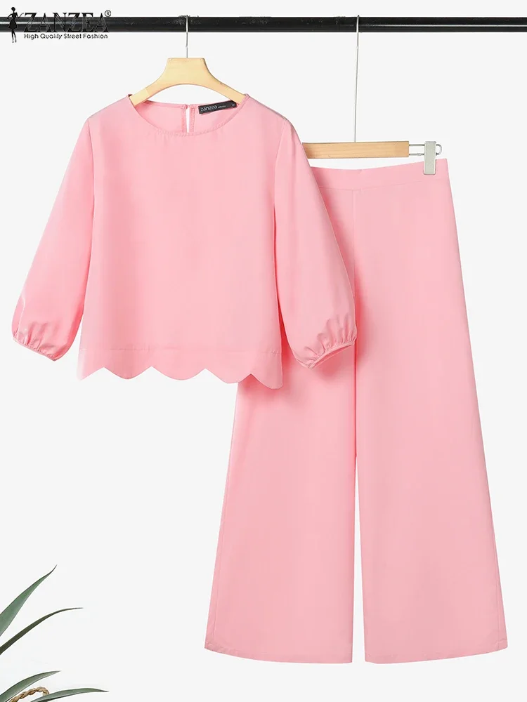 

ZANZEA Женские модные шикарные комплекты из 2 предметов, повседневные блузки с пышными рукавами 3/4, широкие брюки, комплекты из 2 предметов для поездок на работу, OL, однотонные брюки