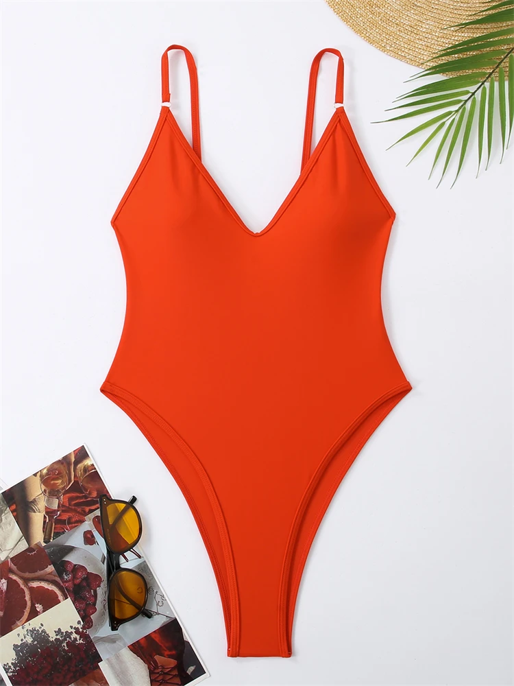 One Piece Swimsuit Women 2024 New Solid Sling V Neck Sexy Bodysuit Monokini Swimwear Summer Backless Beach Bathing Suit Female