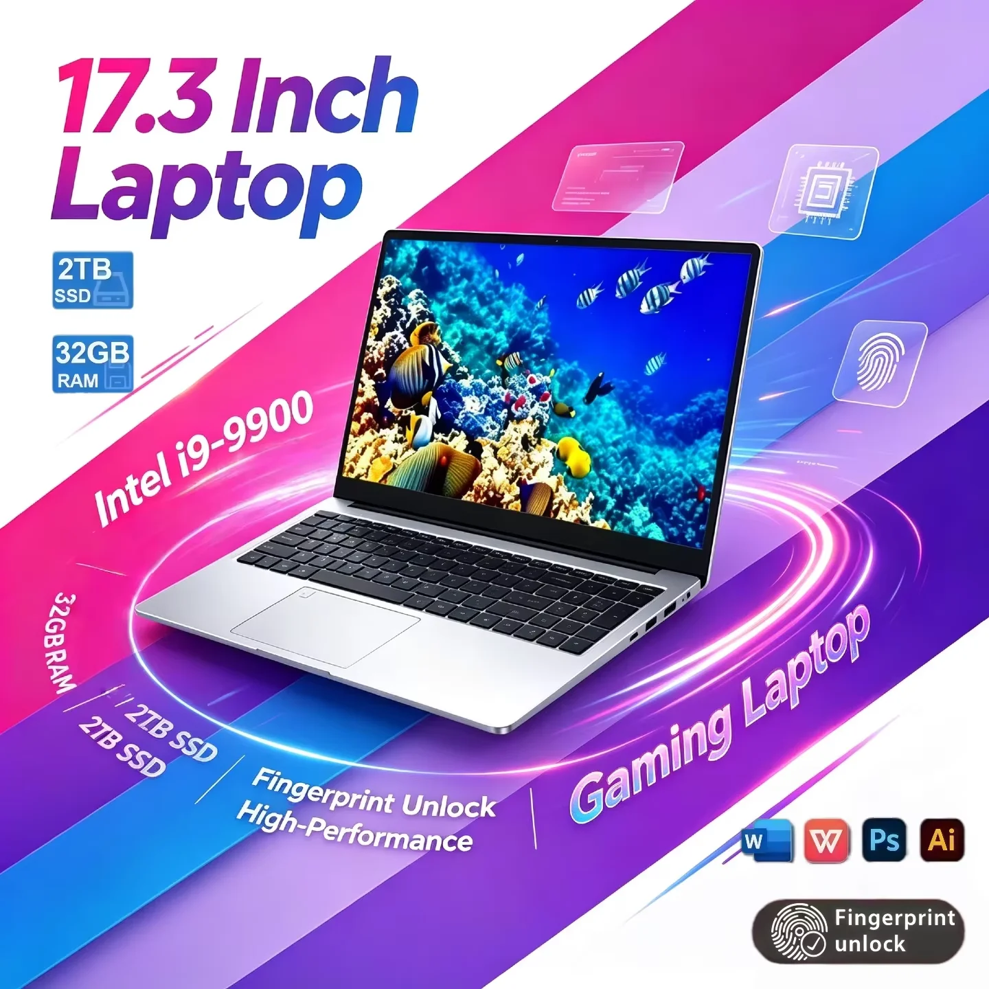 Intel Core i9 9900 17.3 Inch Laptop 32GB RAM 2TB SSD Fingerprint Unlock Multitask Without Limits Work Gaming High Performance