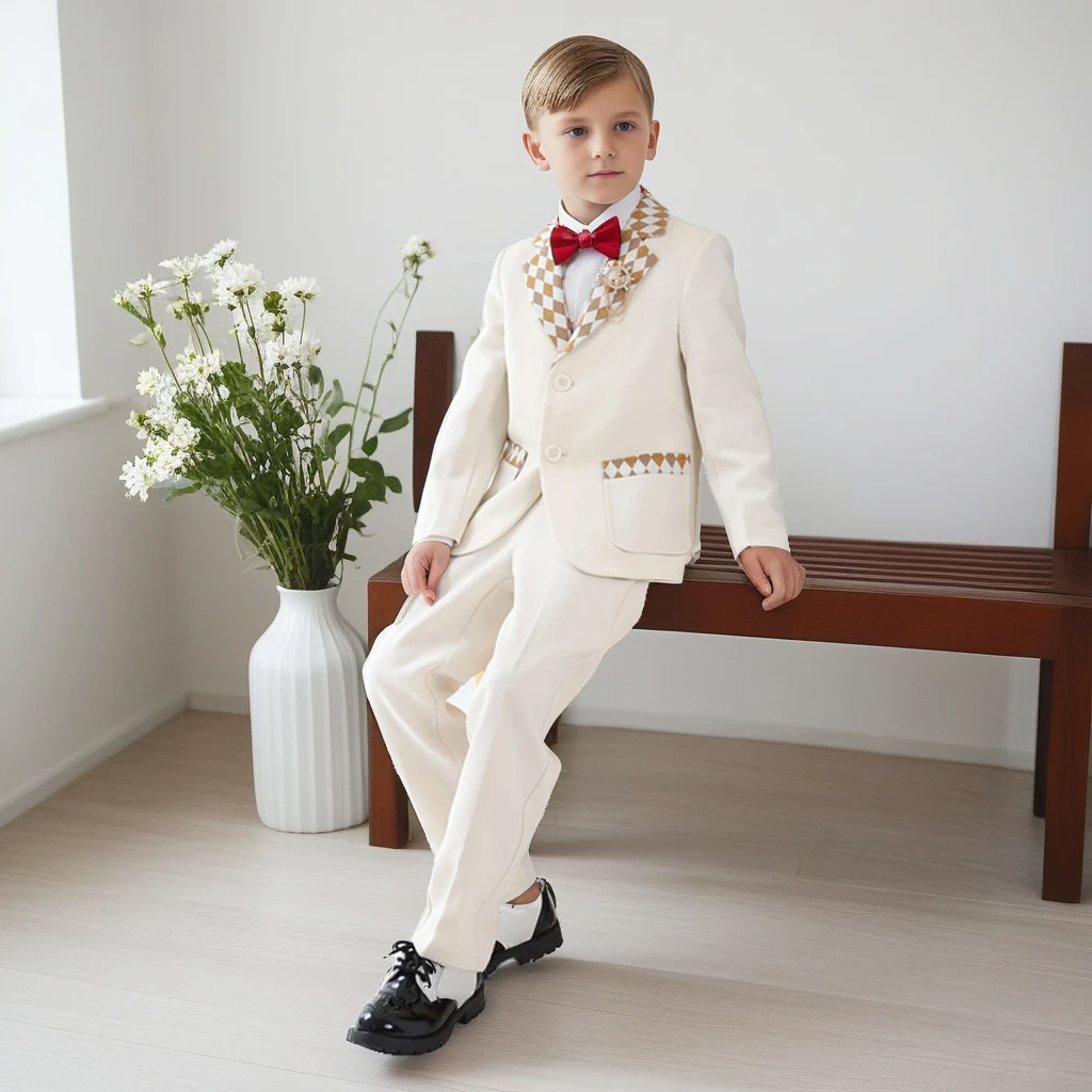 Suit for Boys Spring New Fashion Stitching Plaid Formal Wedding Tuxedo Set White British Teen Children Piano Performance Costume