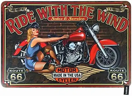 Motor Cycles Pin Up Girl Tin Sign Beautiful Woman Quote with Ride with The Wind Red Backdrop Tin Sign Vintage Metal Tin Signs fo