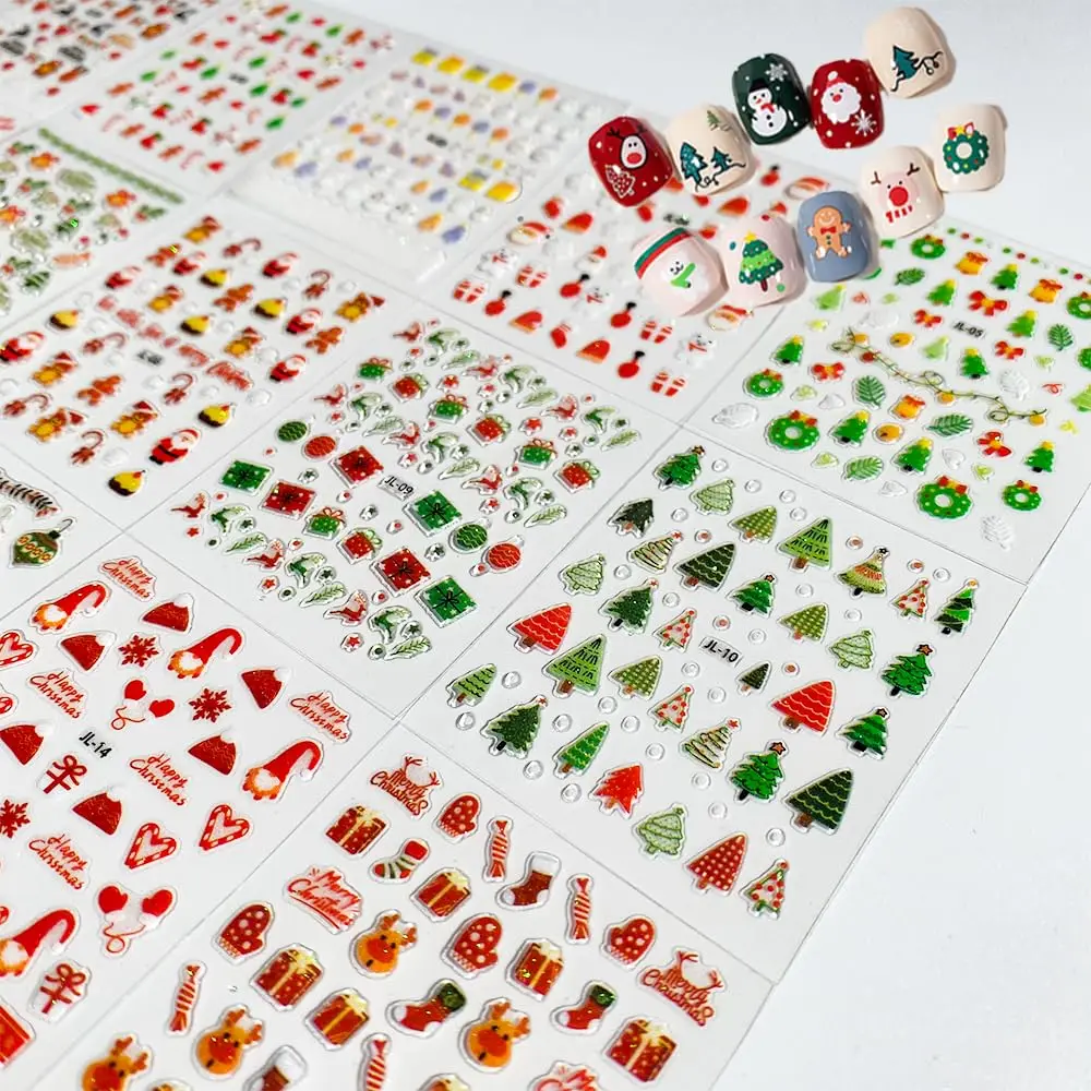 30 pezzi di adesivi natalizi per nail art, design natalizio per cartoni animati, Babbo Natale/rina/fiocchi di neve, decalcomanie per unghie, manicure e regali festivi scintillanti