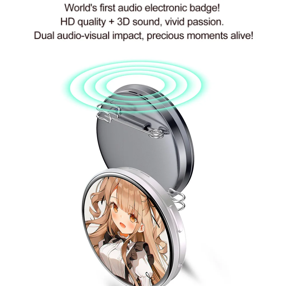 696 Anime BT Electronic Badge Video Rainbow Support Light Picture Dynamic Carousel Bidirectional Transmission Brooch 3D Sound