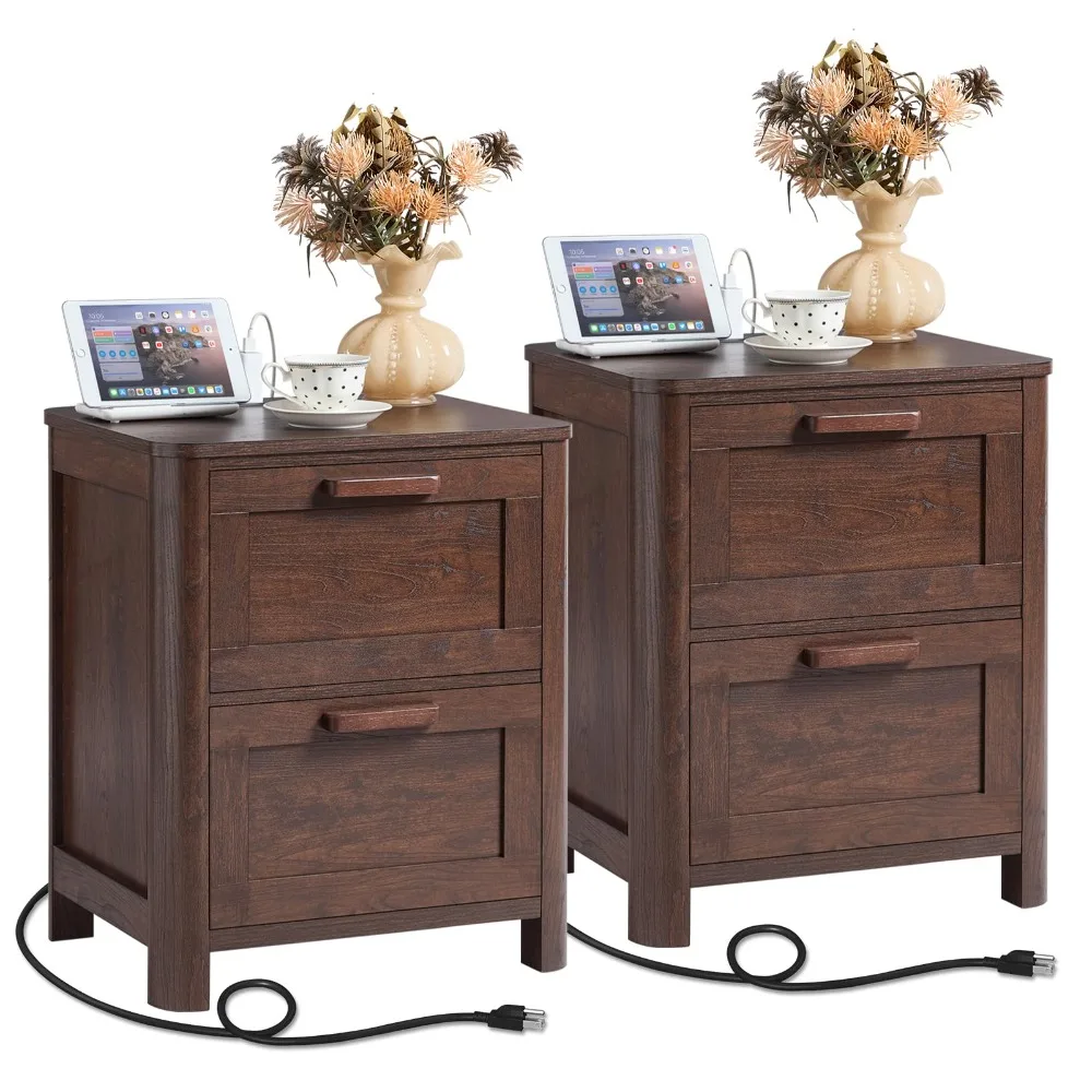 Farmhouse Nightstand Set of 2 with Charging Station, Walnut Vintage Bedside Table with 2 Large Drawers