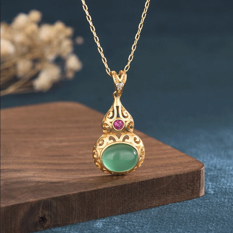 

China Style Couple Gourd Inlaid Green Jade Jewelry Copper Gold-Plated Pendant Necklace Gourd Jasper Women Necklaces Girl 15*30MM