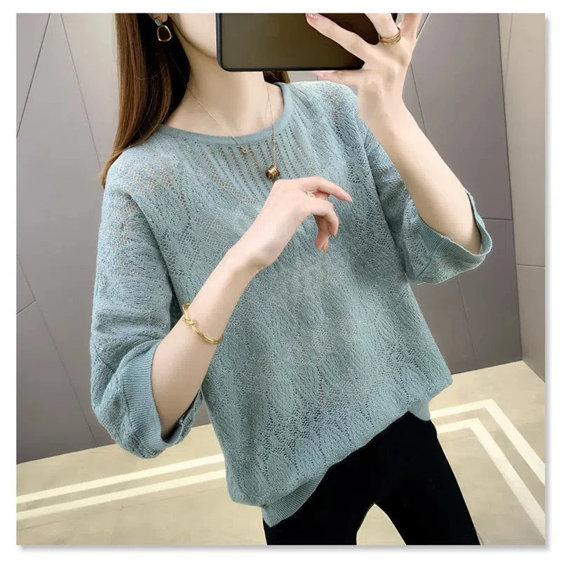 Sweet Fashion Spring/Summer Pullovers Women\'s O-Neck Solid Hollow Out Lace Batwing Sleeve Temperament Casual Loose Knitting Tops