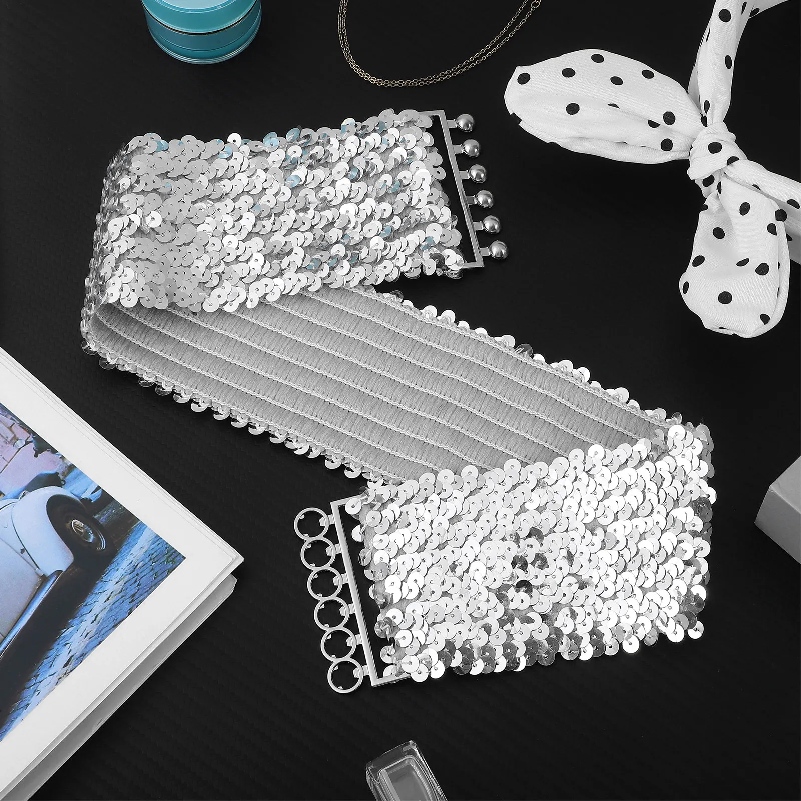 Sequins Belt Woman Fashion Waistband Elastic Waist Belt Stretchy Embellished Belts For Women Dresses Band Wide Elastic Belt