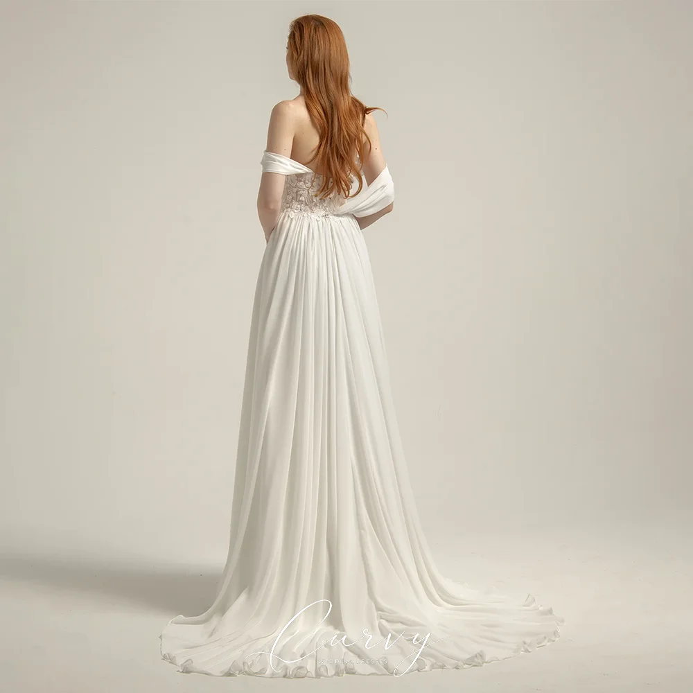 Curvy Gentle Elegant Customized Off-Shoulder Lace Bodice Chiffon Bridal Dress with Floor Train for Women Beach Wedding 2026