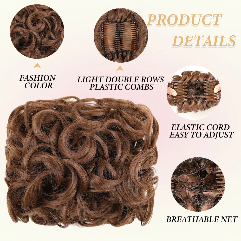 Curto confuso Curly Synthetic Bun, Easy Strech Combs, Extensão de rabo de cavalo, Scrunchie Chignon Dish Bandeja, Pony-tail Hairpieces