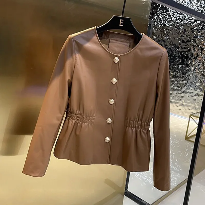 2024 New Black Brown Spring Autumn Jackets Round Neck PU Leather Jacket Single-Breasted Waist Fashion Short Leather Coat Female