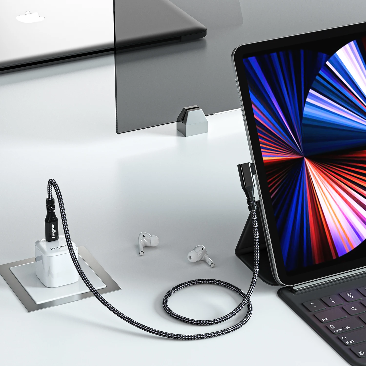 Fasgear USB C to Type C 3.2 Gen 2x2 Cable 20Gbps 100W Charging 4K Video Braided USB-C Cord 90 Degree Compatible for Macbook Pro