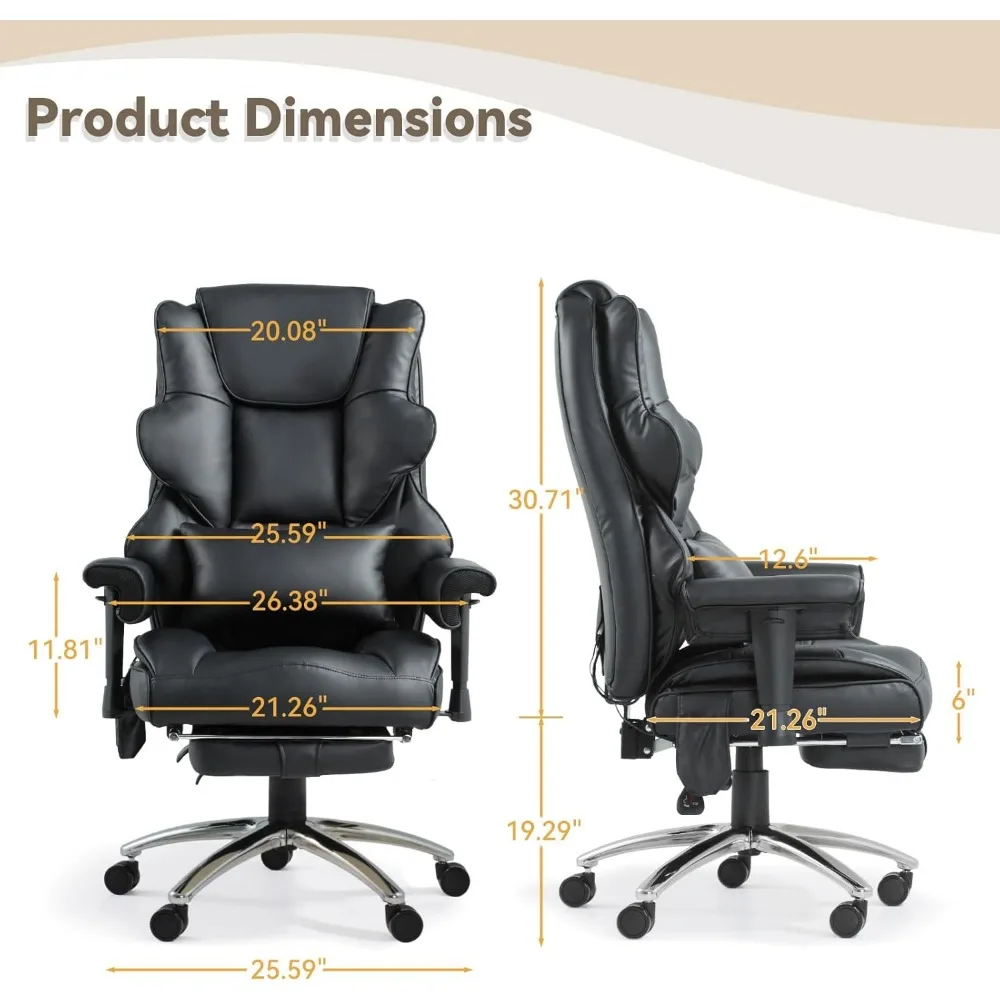 كرسي مكتب تنفيذي مريح عالي الظهر من جلد البولي يوريثان مع تدليك 6 نقاط وتدفئة ودعم قطني للعمل المريح Env