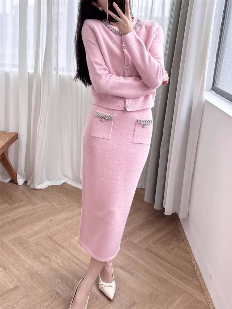 New 2024 Women Skirt Autumn/Winter A-line Solid Diamond Slim High-street Fashion Office-lady Hotsweet Luxury Temperament