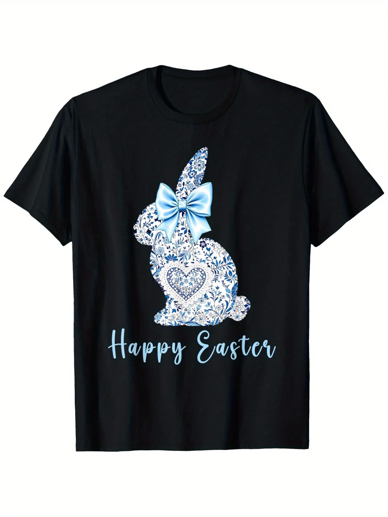 

Blue Floral Bunny Happy Easter Graphic Tee Men Casual Cotton Crew Neck T-Shirt Daily Wear