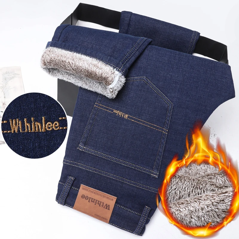 

New Winter Men's Warm Jeans, Fashionable Velvet and Thickened Straight-leg Thick Pants, Solid Color Thermal Sports Trousers