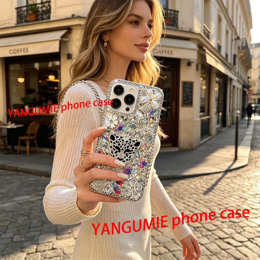 For Apple 11-17 full range promax mobile phone case rhinestone leopard iPhone16/14 bracelet full diamond protective cover