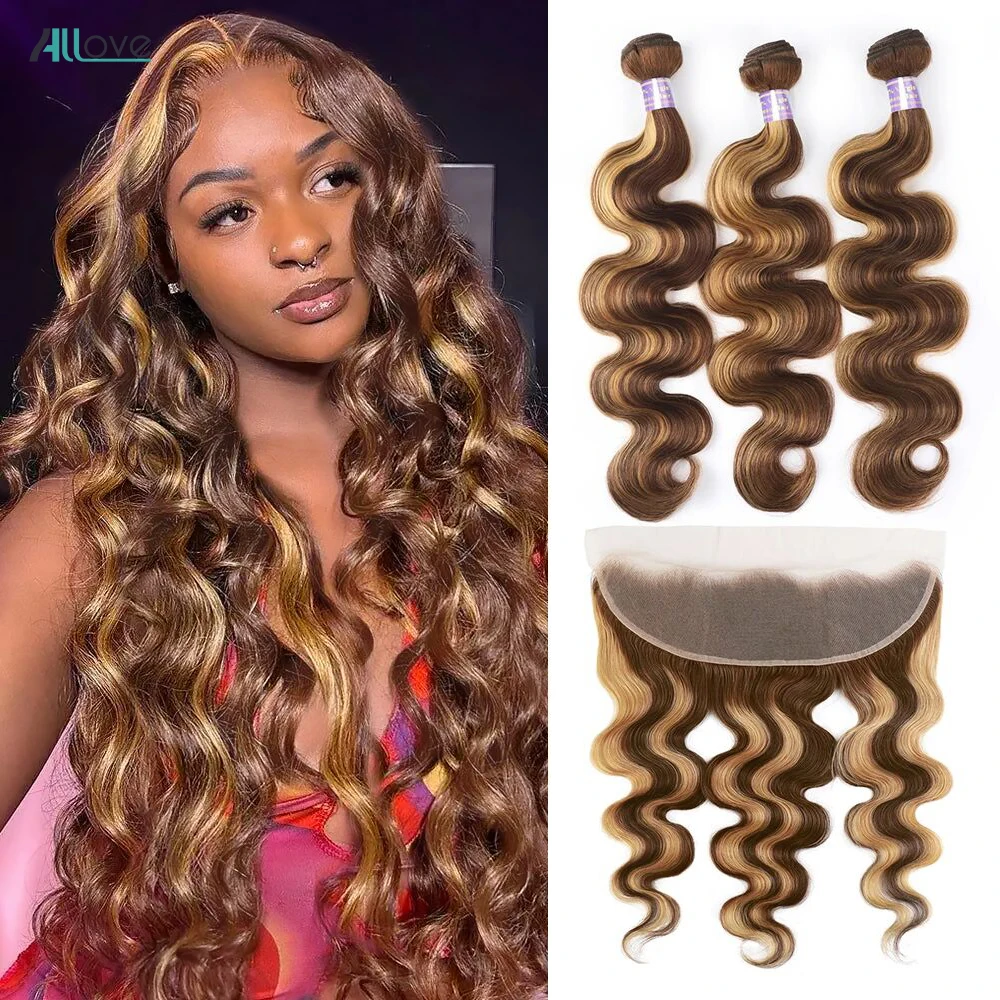 Allove Highlight Body Wave Bundles With Frontal Ombre Honey Blonde 13x4 Lace Frontal With Bundles Brazilian Remy Weave For Women