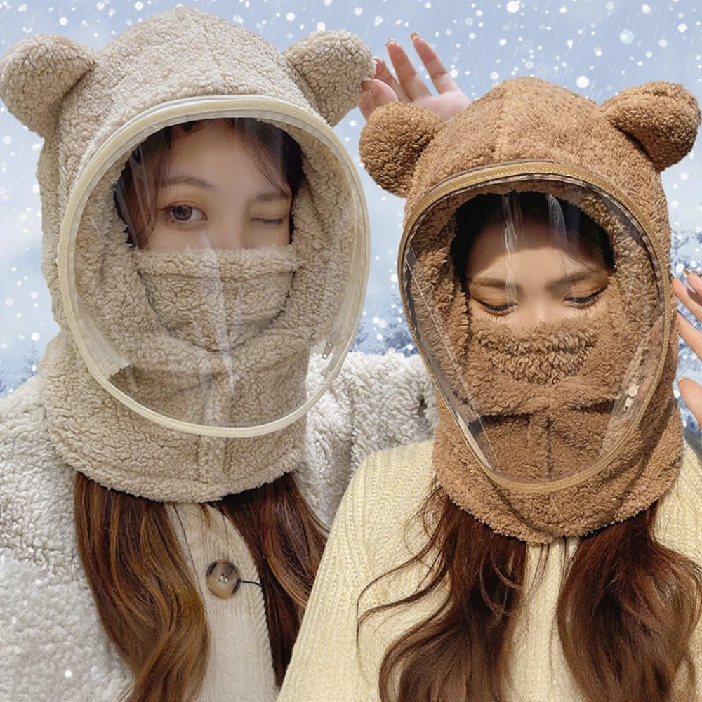 หมวกกันลมฤดูหนาวหูหมีน่ารักสำหรับเด็กผู้หญิง 360 °   หมวกคลุมศีรษะแบบหนาให้ความอบอุ่นสำหรับการปั่นจักรยานกลางแจ้งเดินป่าของขวัญคริสต์มาส