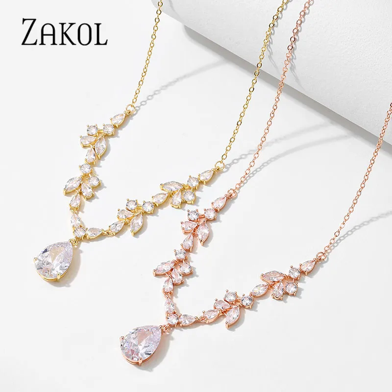 ZAKOL Luxury Cubic Zirconia Leaf Necklaces for Women Fashion Water Drop Pendant Bridal Wedding Party Jewelry