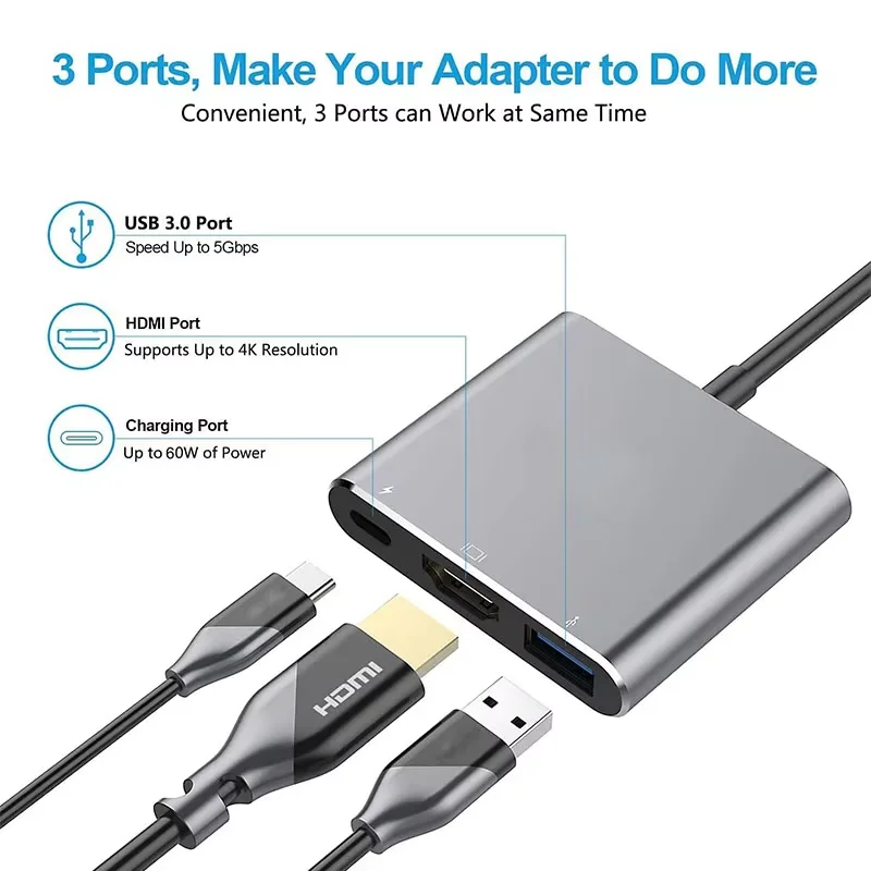 3 In 1 Usb-C Usb Hub Male To Female Hdmi-Compatible 4k Usb 3.1 Type-C To Usb 3.0 Charging Adapter For Macbook Air 12 Converter