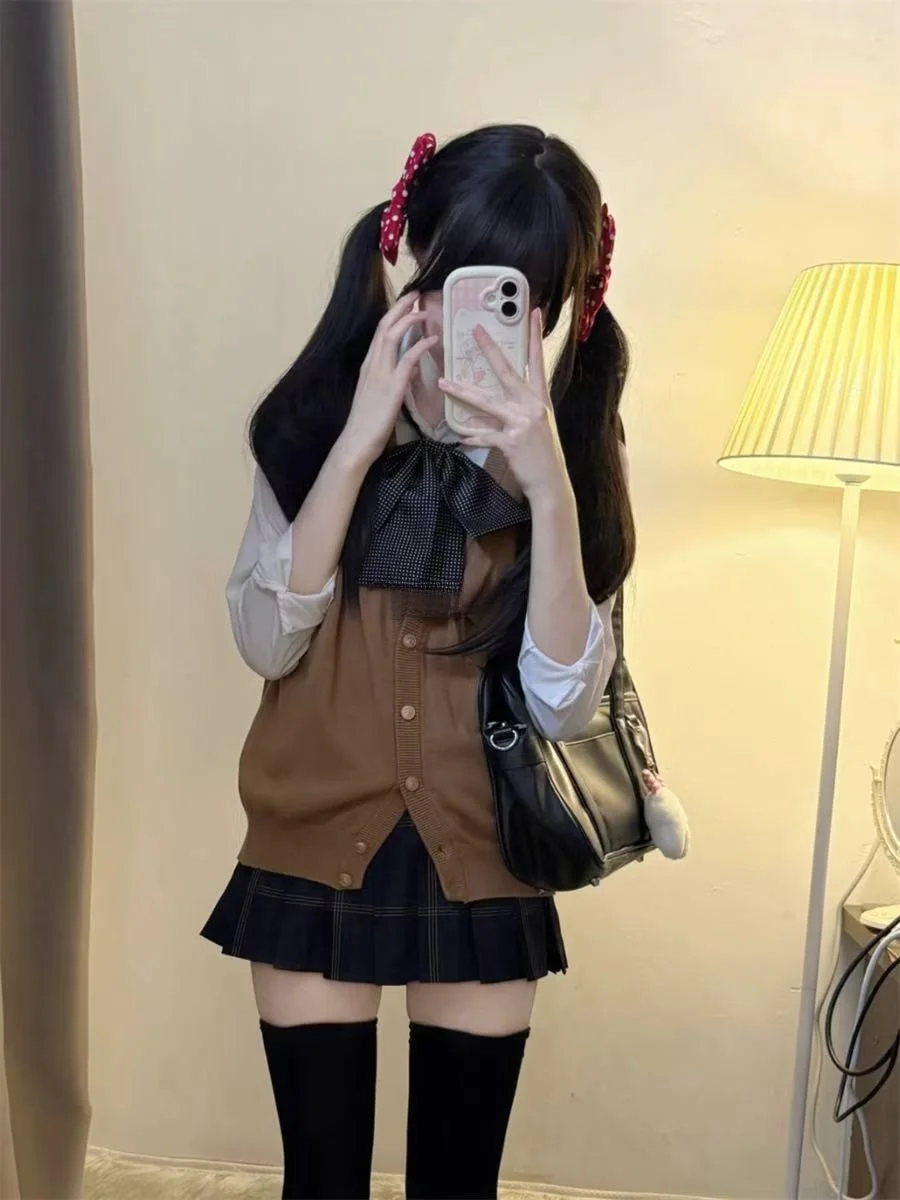 

Оригинальный вязаный кардиган JK Sle, orm irt, жилет, свитер, школьная юбка, комплект, модный универсальный женский ансамбль