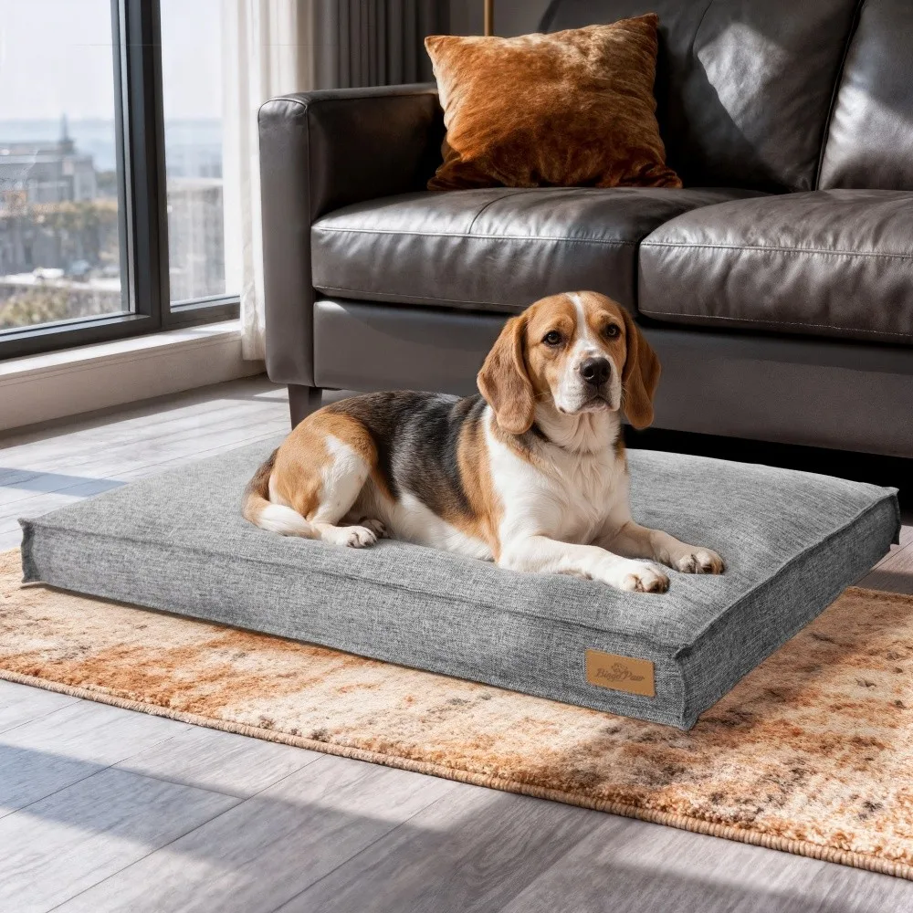 Großes Hundebett Waschbares Rechteckiges Hunde-Kissenbett mit Leinenbezug Schaumstoffbasis Wasserdichte Auskleidung Beruhigendes Schlaf-Haustierbett Matratze