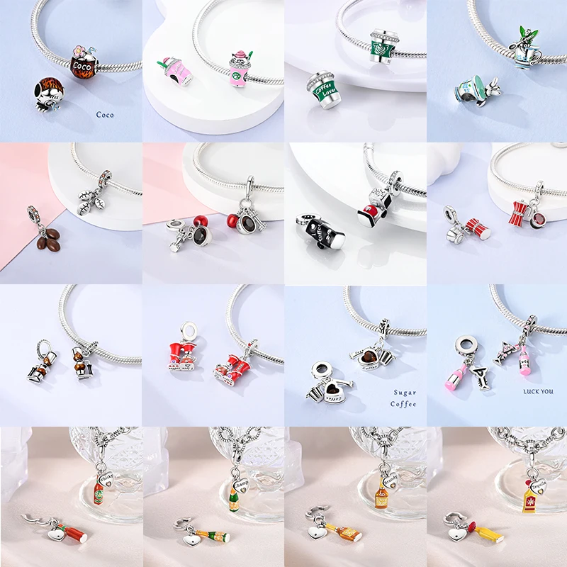 

HOT Afternoon Tea Series Cute Cat Teapot Bead 925 Sterling Silver Classic Coffee Cup Fit Original Fashion Bracelet Women Jewelry