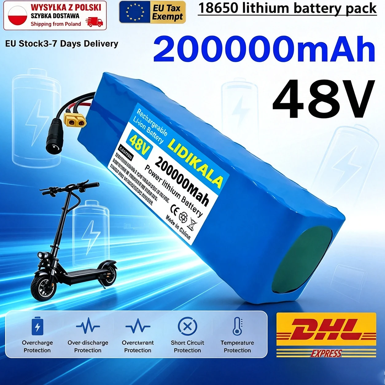 48V Lithium-Akkupack, 200000mAh 13S3P 18650 Li-Ionen-Akku mit eingebauter BMS-Schutzplatine, für 2000W Motor, Elektrofahrrad & Elektroroller