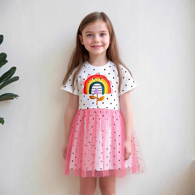 Little Maven Mädchen Kleid Cartoon bestickt Regenbogen Baby Kinder Prinzessin Mesh Kleider Sommer Kinder Party Prinzessin Kleider