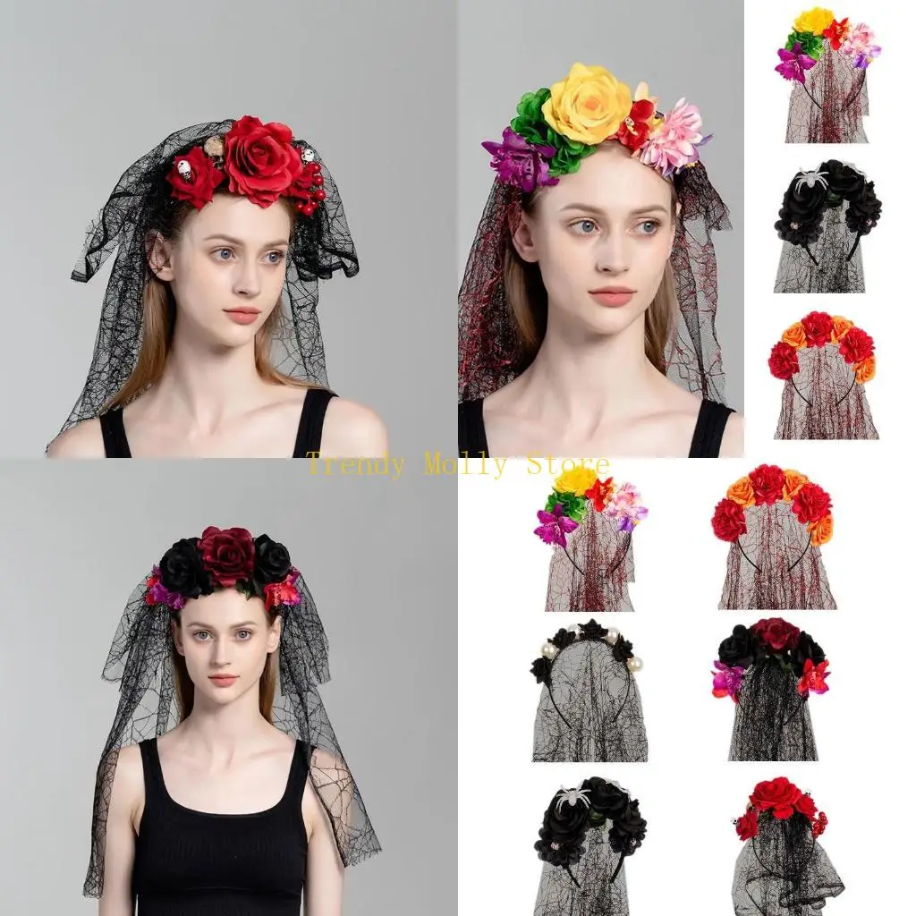

N5KB Vintage Halloween Headband Artificial Flowers Veil Hair Hoop for Party Props