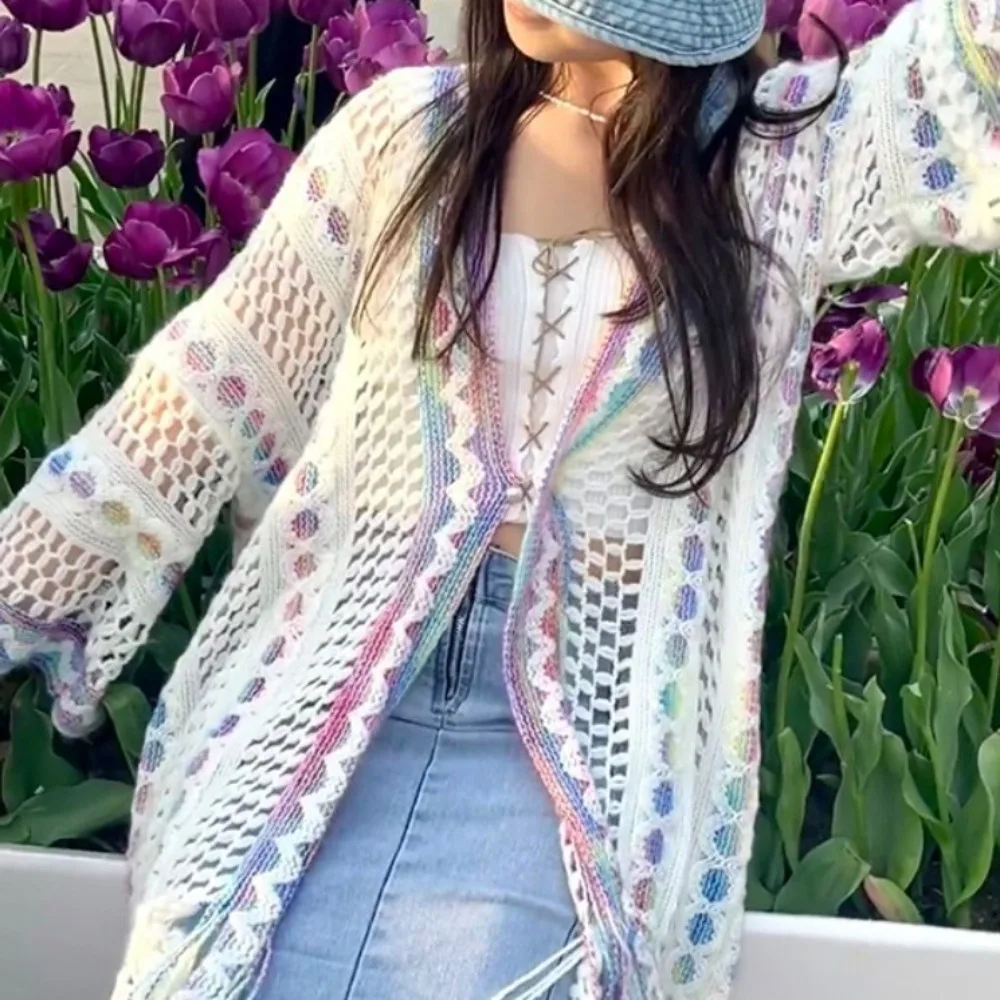 

Fashion Colorful Ethnic Style Shawl Tassel Coat Sunscreen Scarves Top Wave Stripe Knitted Shawl for Women Ladies/Girls