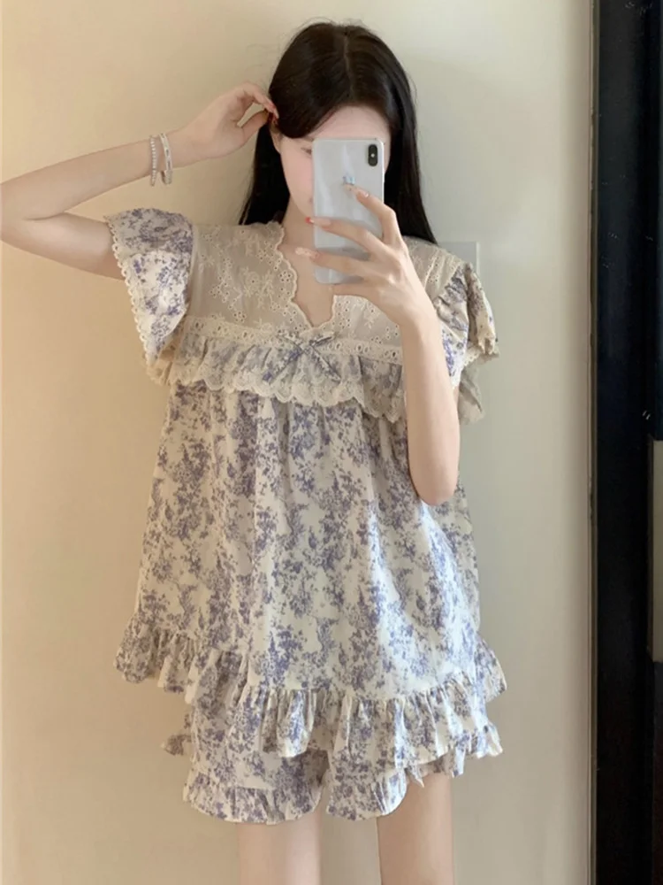 Soft New Lace 100%cotton Sweet Princess Short Sleeve Pajama Set Women Ink and Wash Court style Fashionable Loose NightDress Ins