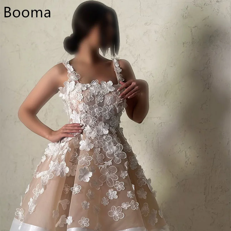 

Booma Short Wedding Party Dresses Sleeveless Brides Prom Gown A-Line 3D Flowers Dreess spaghetti straps Customize