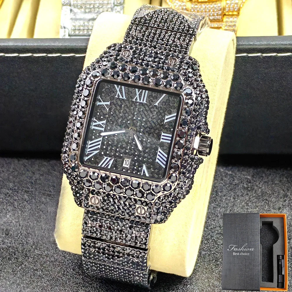 

Роскошные кварцевые часы в стиле хип-хоп с блестящими зелеными бриллиантами для мужчин и женщин, модные мужские наручные часы с римским квадратным циферблатом montres de luxe