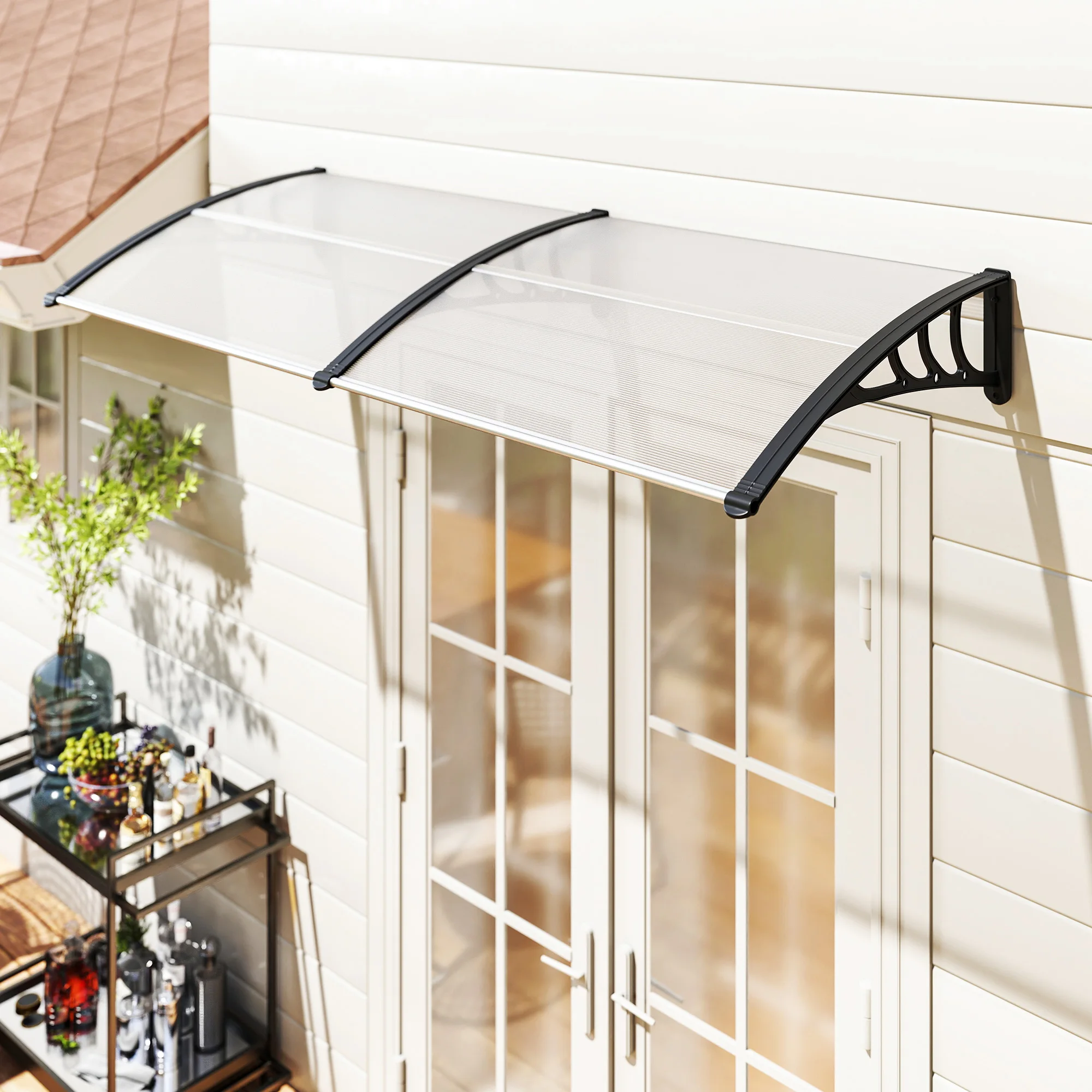 Outsunny Auvent de porte d'entrée, toit marquise de porte exterieur en polycarbonate et aluminium résistante toit abri protection contre la pluie et UV pour terrasse, balcon, 195 x 75 cm, transparent