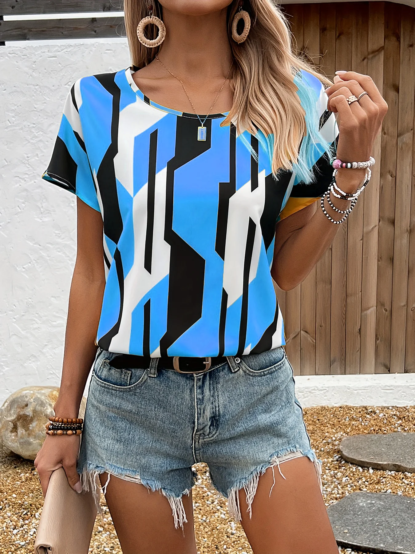 T-shirt dames zomer vrije tijd elegant temperament ronde hals korte mouw geometrisch patroon top losse vrijetijdskleding dames t-shirt