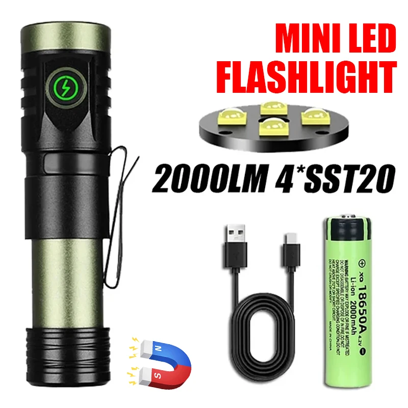 New Mini LED Flashlight 2000LM Ultra Bright Aluminum Alloy Torch with Tail Magnet Type-C Charging Outdoor Camping Hunting Lamp