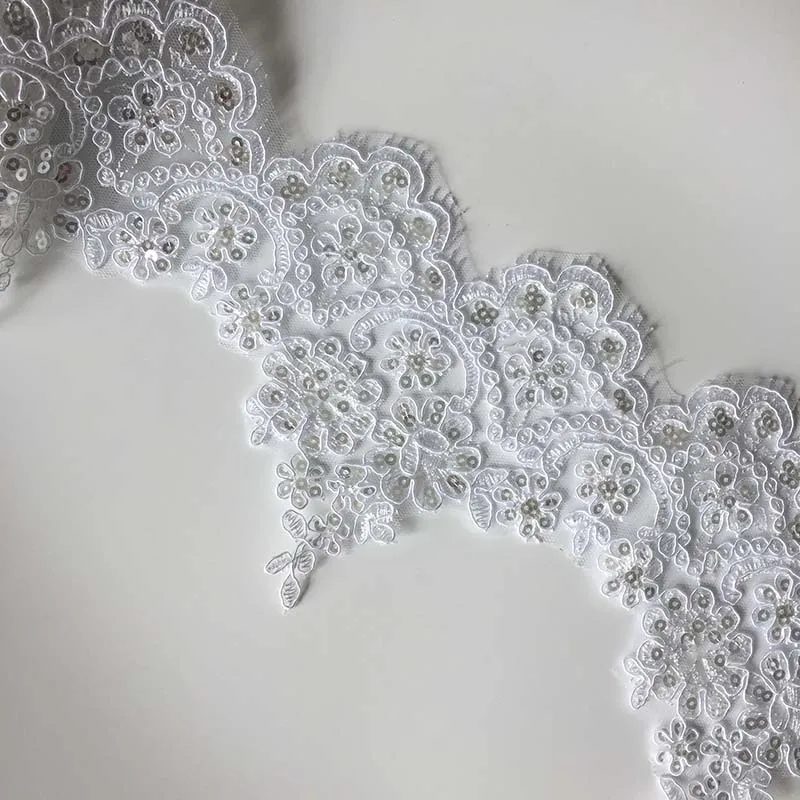 9Yards White Ivory Sequins Cording Fabric Flower Venise Venice Mesh Lace Trim Applique Sewing Craft for Wedding Accessories