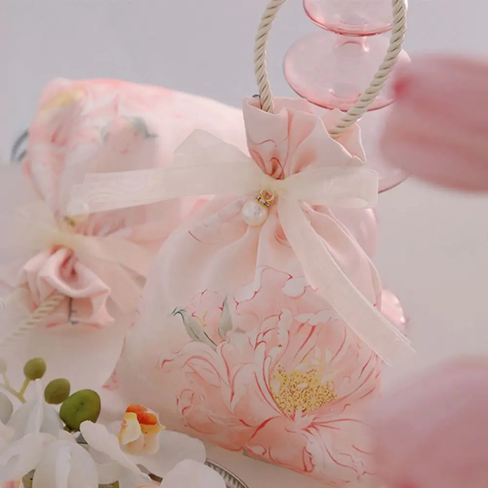 Flower Canvas Drawstring Bag Pearl Pendant Korean Style Festive Sugar Bag Storage Bag Jewelry Packing Bag Wedding Candy Bag