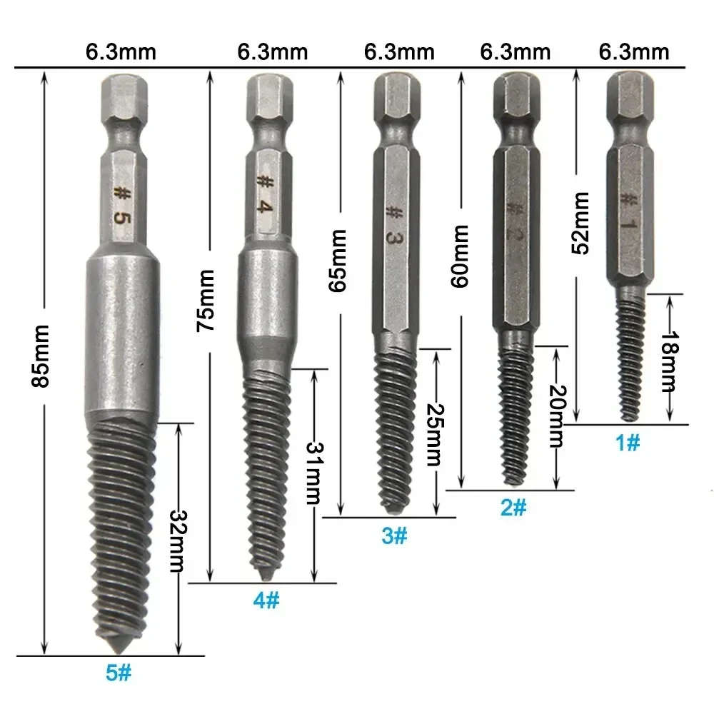 6Pcs Hexagonal Handle Broken Head Screw Extractor 60mm Black Quick Release Electric Hexagonal Broken Thread Removal Tool Set