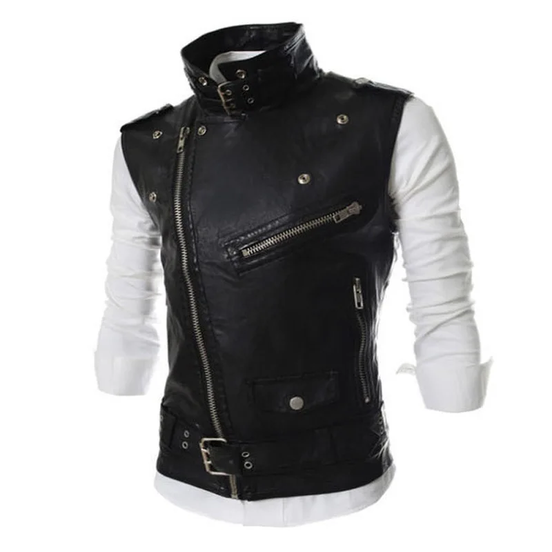 Summer New Men Sleeveless Motorcycle Leather Jacket Black / Red / White Male Bar KTV High Street Casual Vest