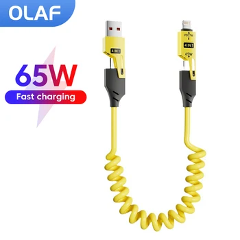 4 في 1 كابل بيانات الربيع 65 واط USB نوع C إلى USB C/Lightning كابل شحن سريع 27 واط USB C IOS كابل آيفون 16 هواوي Xiaomi