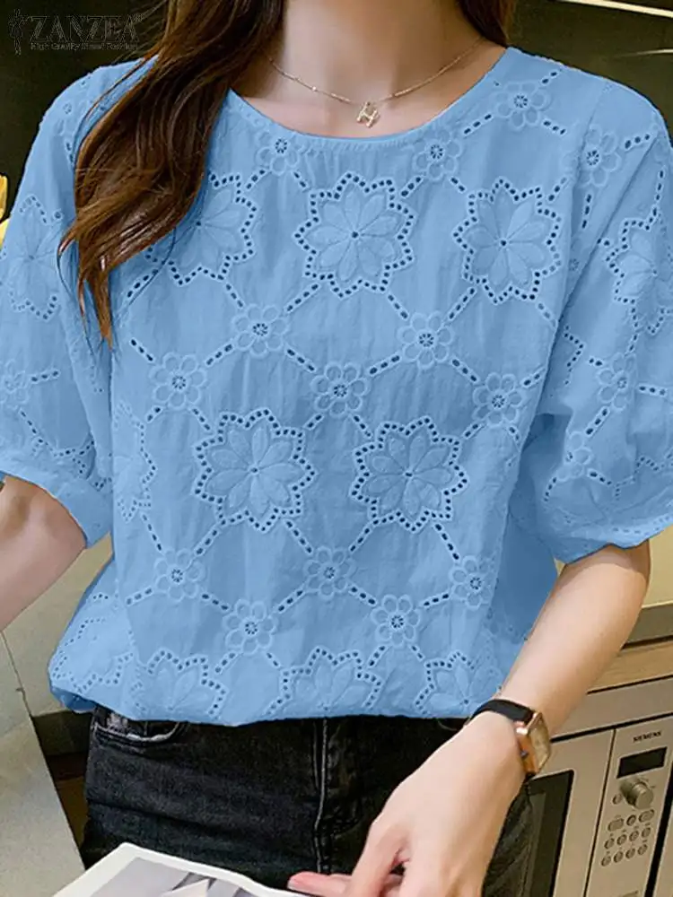 ZANZEA Short Puff Sleeve Elegant Tops Holiday O Neck Women Casual Loose Blusas Commute Summer Hollow Out Lace Solid Color Blosue